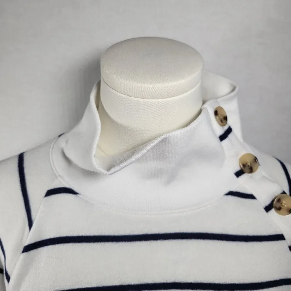 J.Crew Women White Navy Stripe Button Neck Long Sleeve Cotton Blend Tunic Size L